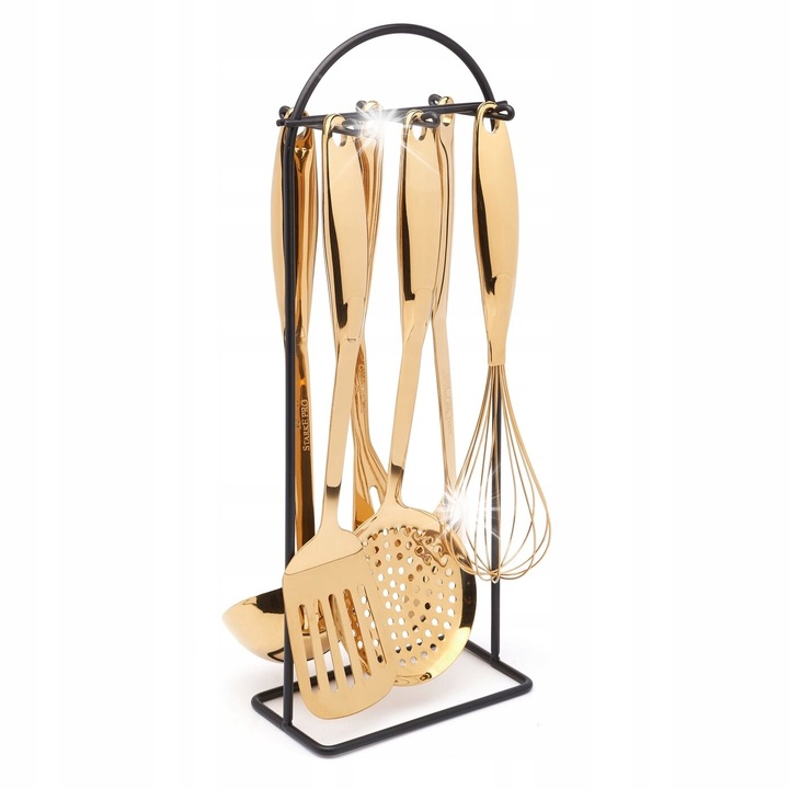 Set ustensile de bucatarie Starke Pro Ultime Gold 7 elemente, negru si auriu, cu suport 17x9x43cm