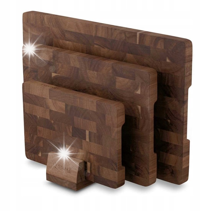 Set 3 tocatoare din lemn de acacia cu suport, maro, dimensiuni variate