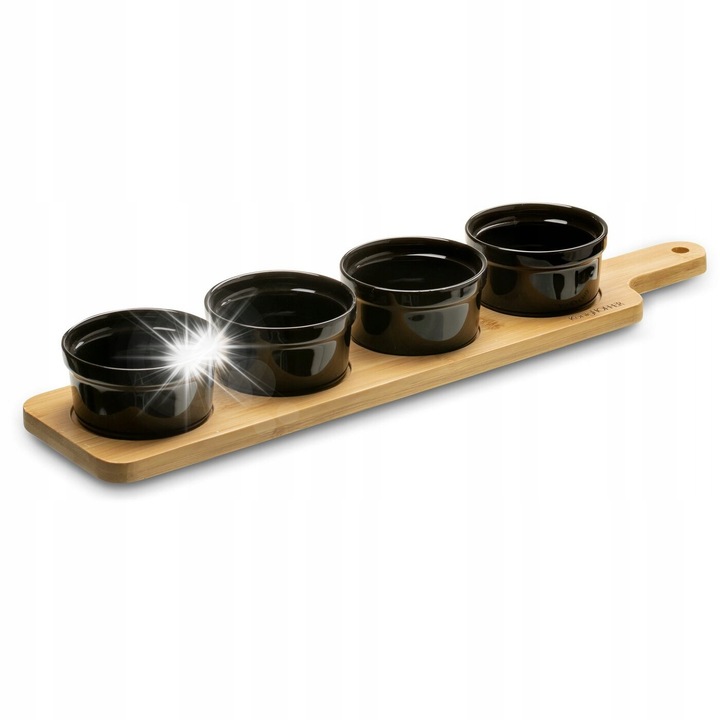 Set 4 misecaci pentru sosuri, Konighoffer, portelan negru, 100 ml, tava bambus 39,7x9x1 cm