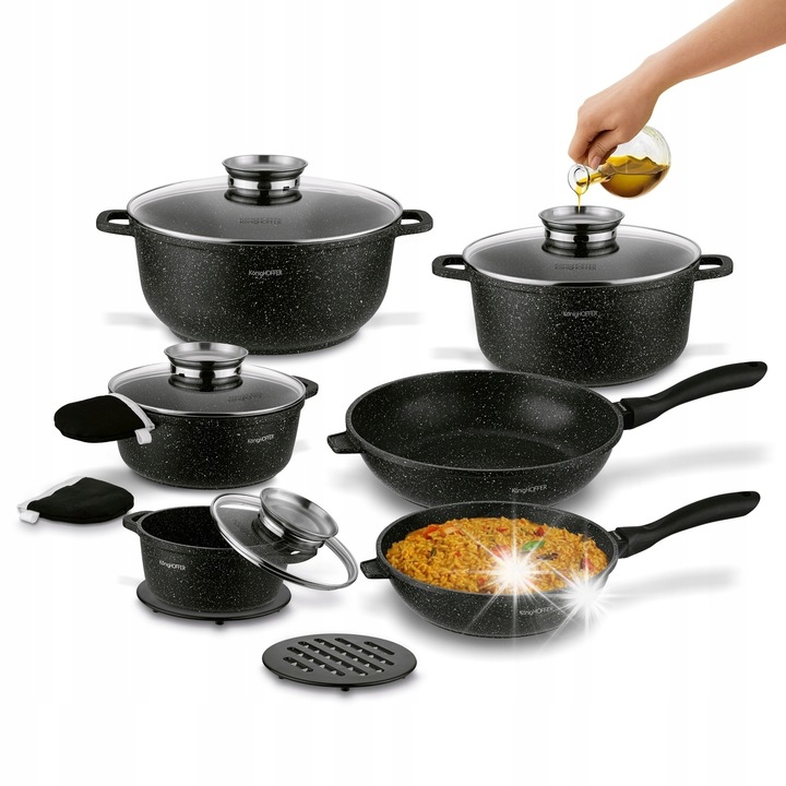 Комплект тигани и тенджери Konighoffer Pollo 14 ел., индукция, мраморен, голям