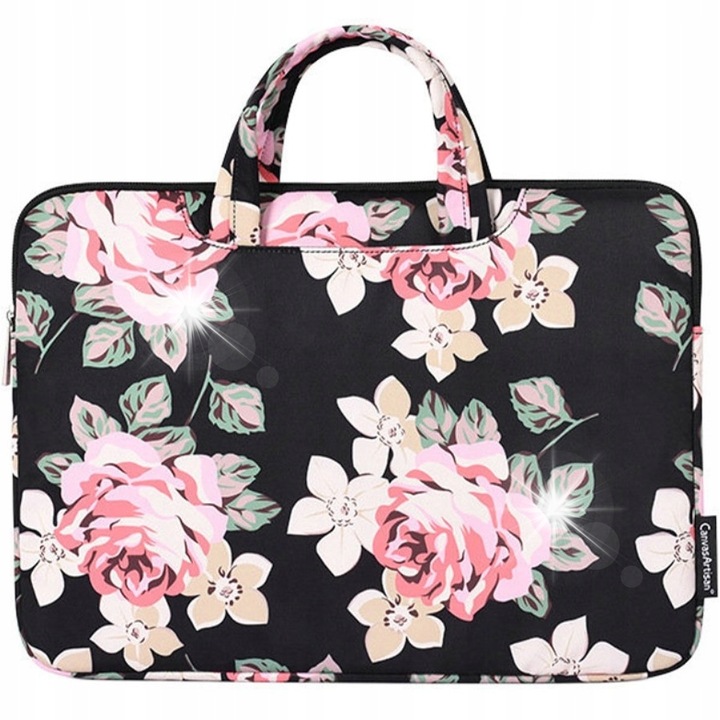 13" laptop táska, rózsamintás, fekete, ultravékony, fogantyúval