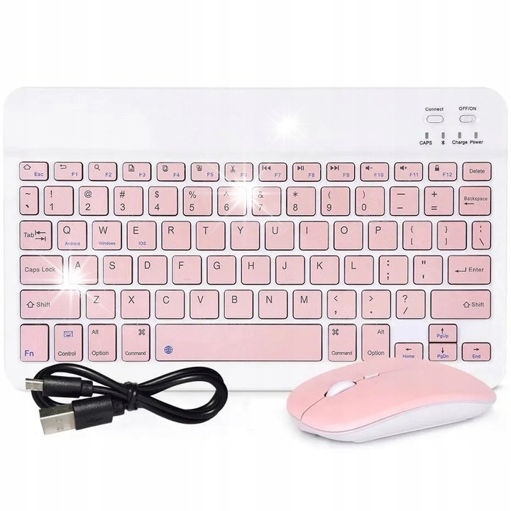 Vezeték nélküli Bluetooth billentyűzet és egér szett, rózsaszín, kompakt, 24.75x15x0.8cm, 11.3x5.7x2.5cm