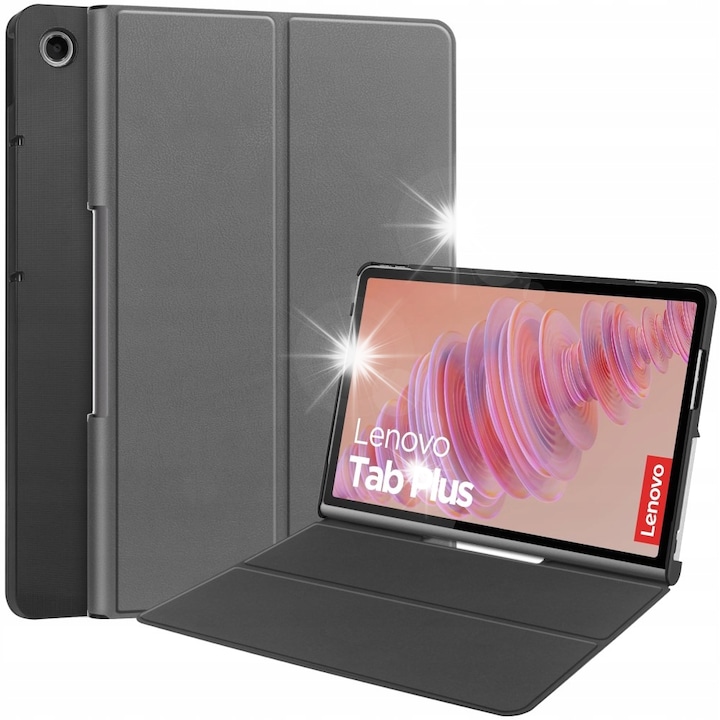 Husa tableta Lenovo Tab Plus, gri, tri-fold, functie suport, material de calitate