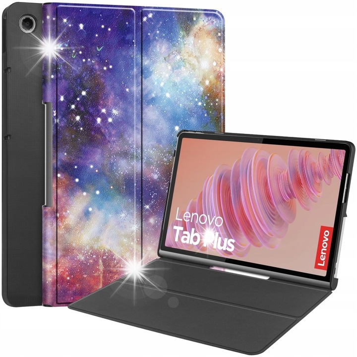 Háromhajtásos tok Lenovo Tab Plus tablethez, állvány funkcióval, PU anyag, fekete színű