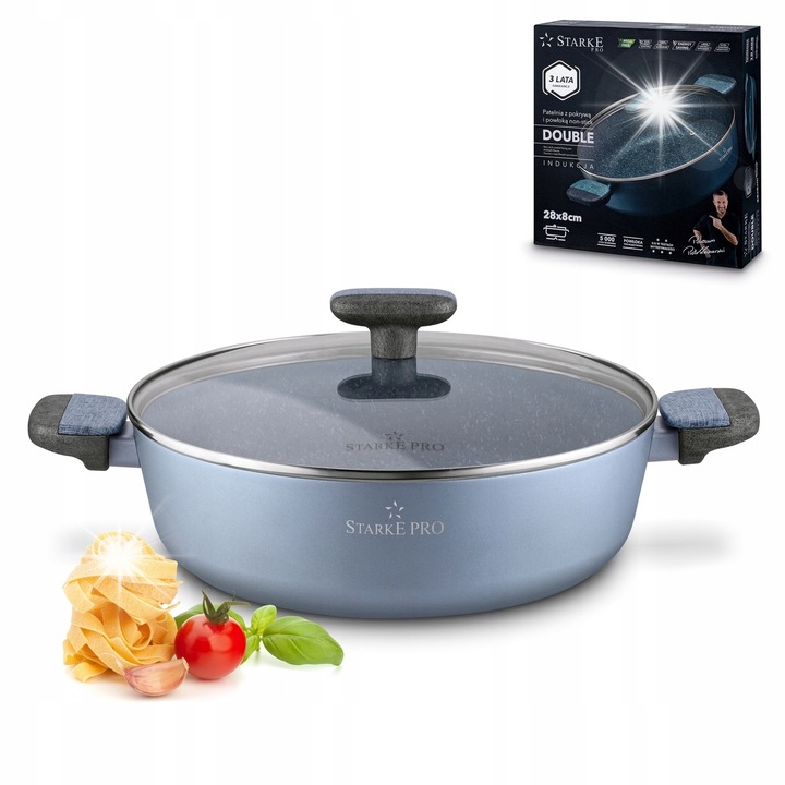 Starke Pro Double 28 cm mély serpenyő fedővel, alumínium, tapadásmentes, kékesszürke, szett
