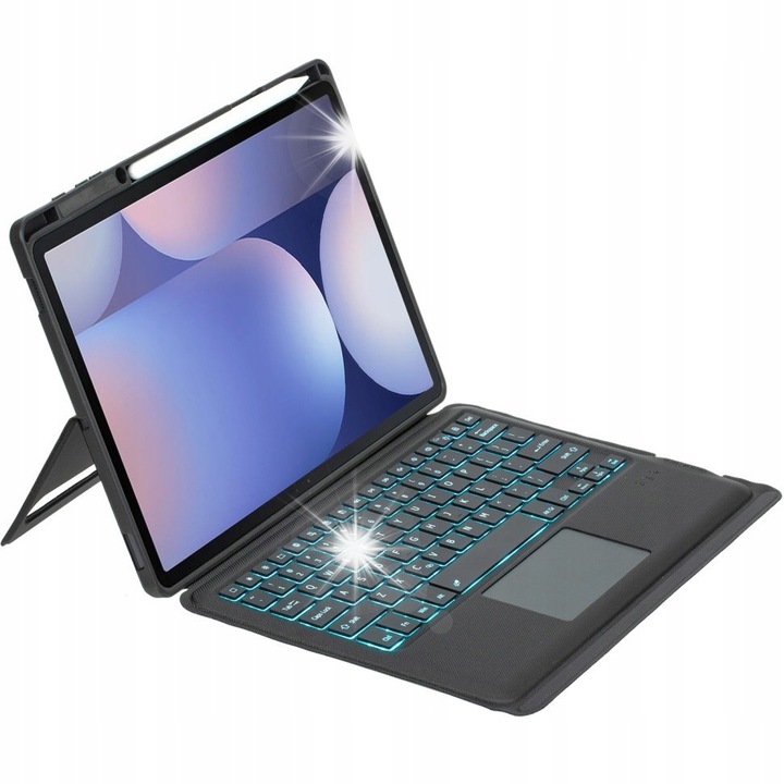 Világító Bluetooth billentyűzetes tok, Samsung Galaxy Tab S9+ S9 FE+ S10+ Plus, fekete, 2 az 1-ben