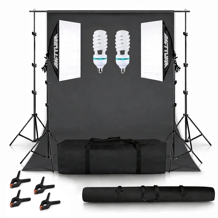 Stúdió Fotó Videó, 2 Softbox Lámpa Készlet 150W, Háttér Tartó Fekete Vászonnal, 4 Csipesz és 2 Hordtáska