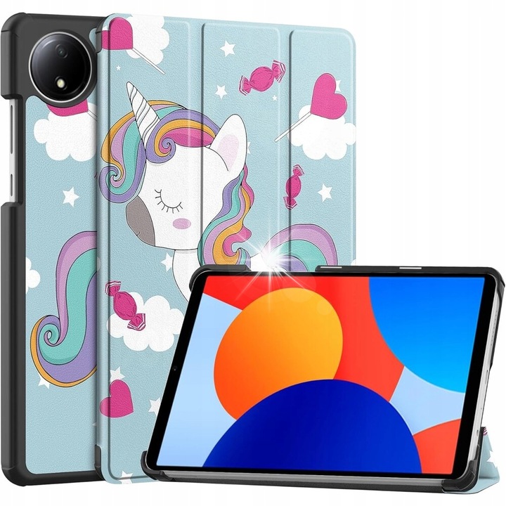 Háromhajtásos tok Xiaomi Redmi Pad SE 8.7" tablethez, unikornis, állvány funkció, PU, PC anyag