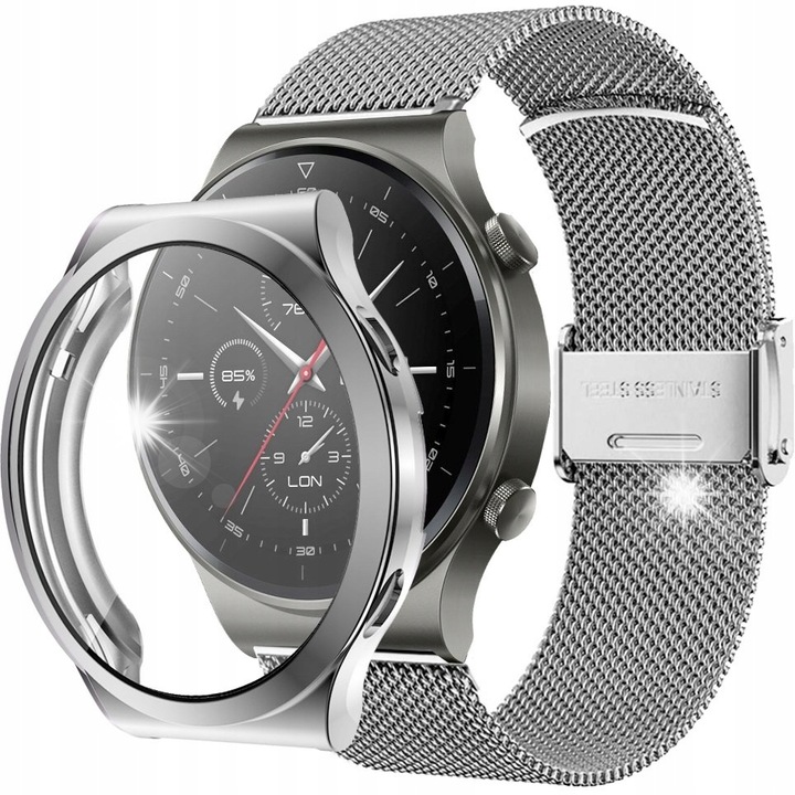 Szilikon tok + milánói szíj szett Huawei Watch GT 2 Pro-hoz, ezüst, 22mm