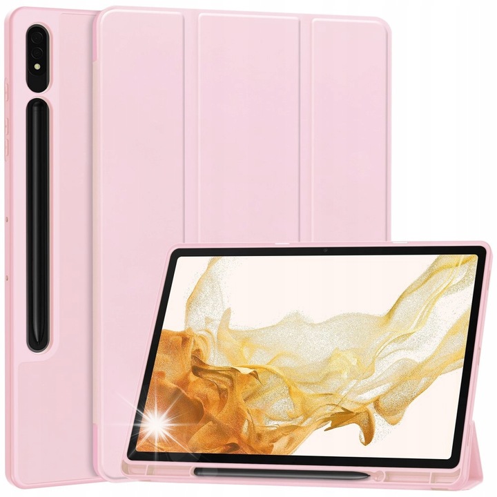 Husa tableta, pentru Samsung Galaxy Tab S10+ Plus, roz, cu suport pentru stylus, functie de suport, tri-fold
