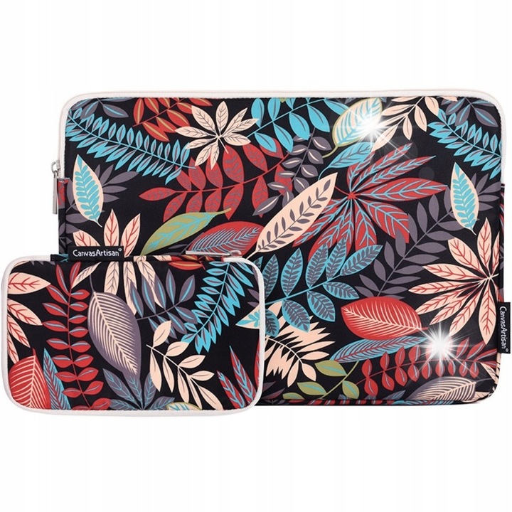 Laptop tok 13", levél design, fekete, szett kis táskával 200x120mm