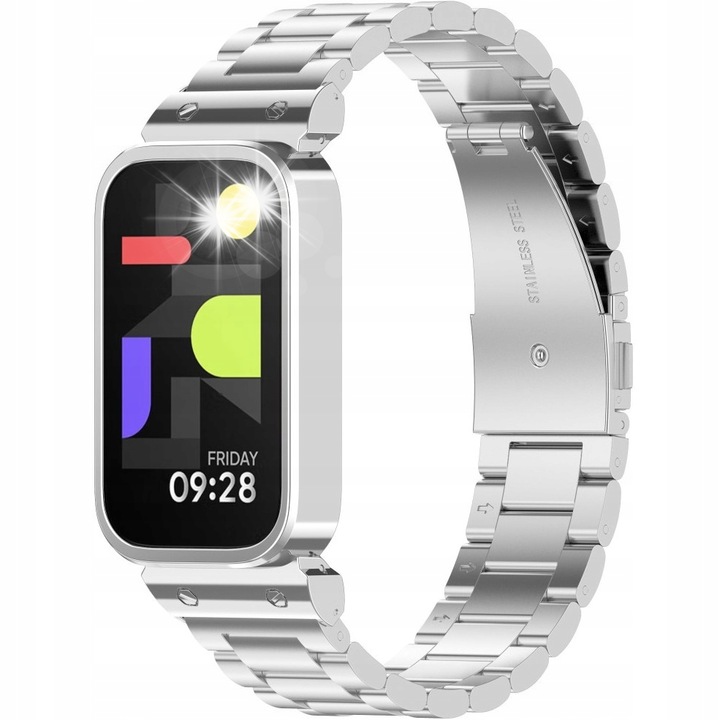 Bratara din otel inoxidabil pentru Xiaomi Smart Mi Band 9 Active/Redmi Band 3, design elegant, reglabil, culoare argintie