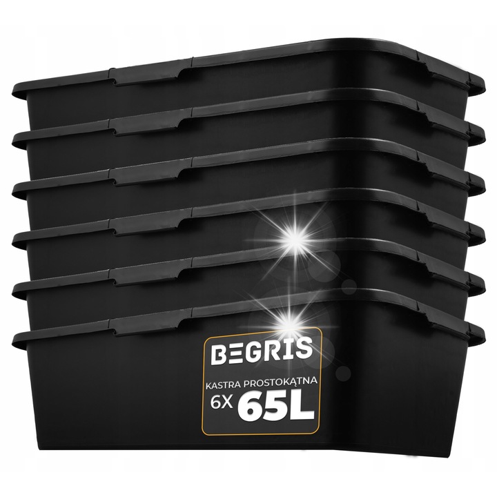 Комплект 6 строителни кофи Begris 65L, пластмаса, черни, правоъгълен дизайн