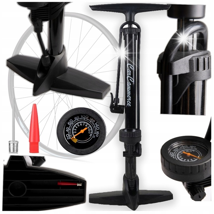 Pompa bicicleta Begris cu manometru, neagra, 24x12,5cm, inaltime extinsa 61cm