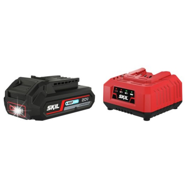 Set acumulator si incarcator Skil 20V Max, 2,5Ah, 2,4A, tehnologie Li-Ion, rosu