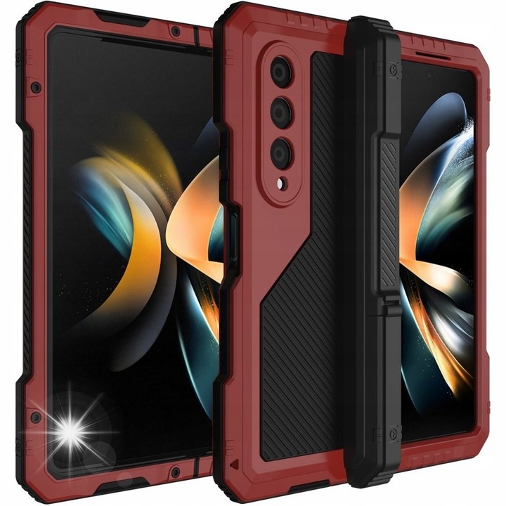 Etui pancerne XGSM pentru Samsung Galaxy Z Fold 4 5G, aluminiu, rosu, cu suport si loc pentru rysik