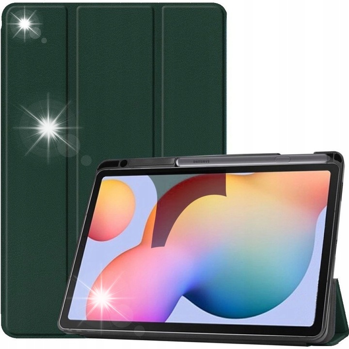 Háromrészes tok Samsung Galaxy Tab S6 Lite-hoz, zöld, ceruzatartóval, automatikus ébresztés funkcióval