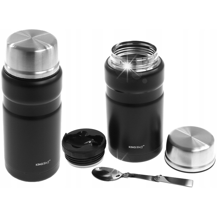 Termos 0,75L King Hoff, inox, 20,5x9,5cm, cu lingura inclusa, rezistent la socuri