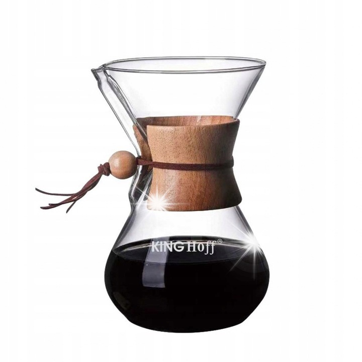 Zaparzator de cafea din sticla, Kinghoff, 400ml, cu 10 filtre, design V, cu maner din lemn