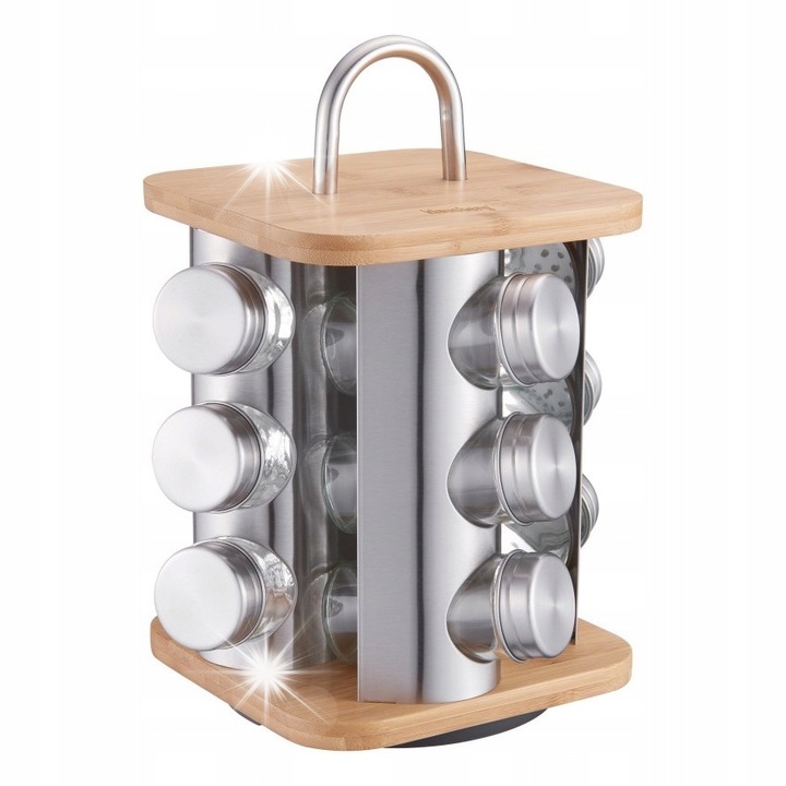 Set 12 recipiente sticla cu suport rotativ Klausberg, inox satinat, bambus, 43x100mm, 170x200mm