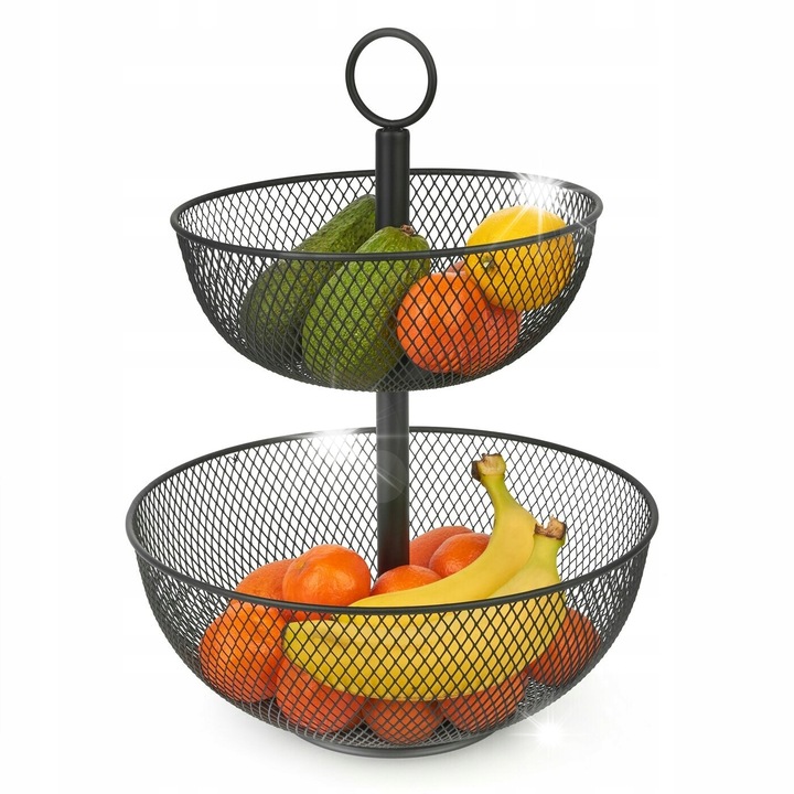 Cos de fructe Tadar, 2 niveluri, metal, negru, 31x40cm, set 6 piese