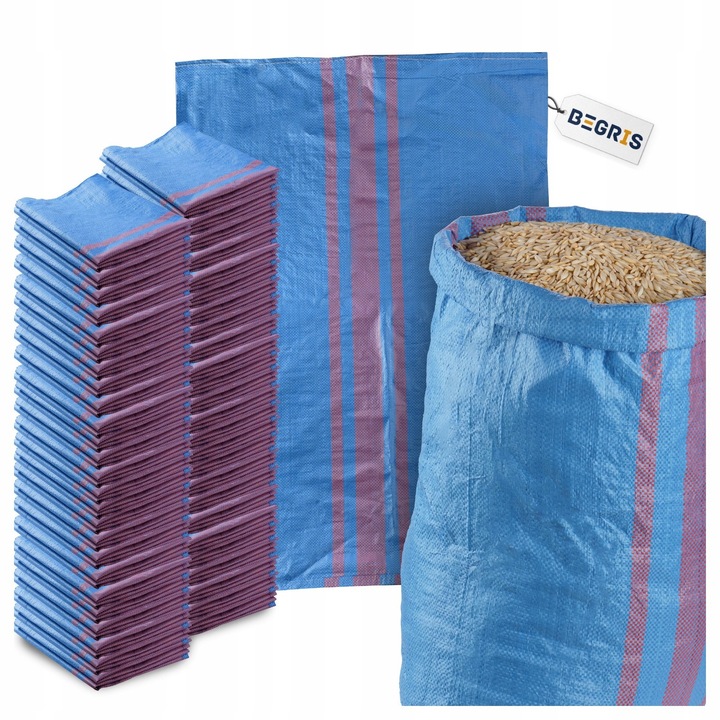 50 db polipropilén zsák készlet, 65x105cm, 50kg kapacitás, kék színű, Begris