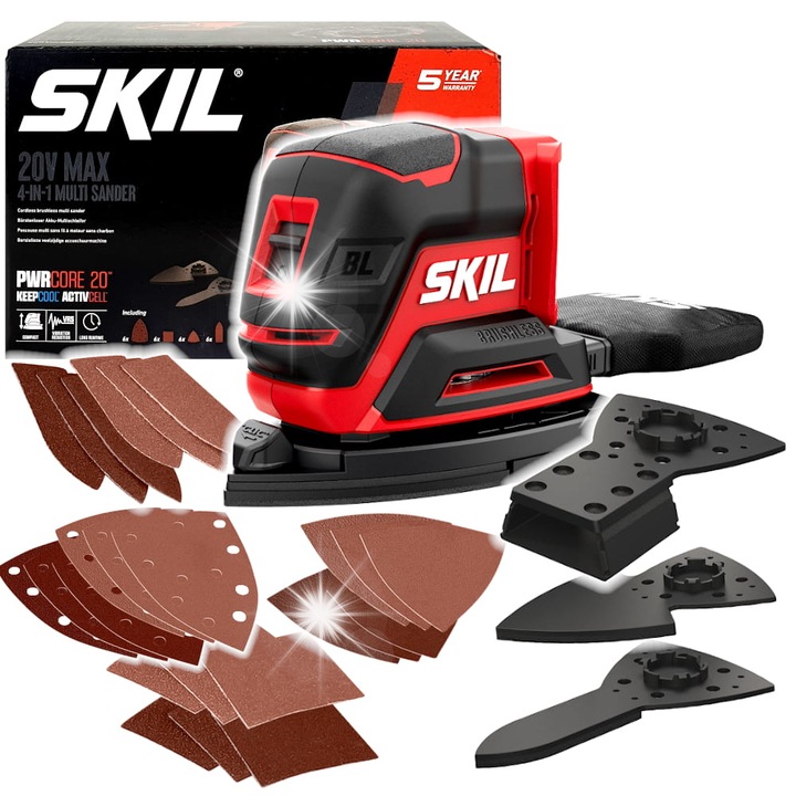 Мултифункционална шлифовъчна машина Skil 20V 3720, без батерия, 24 шкурки, 3 специални аксесоара, 151x102mm