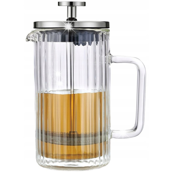 Zaparzator de cafea si ceai, 350ml, tip French Press, KLAUSBERG, sticla borosilicata, argintiu