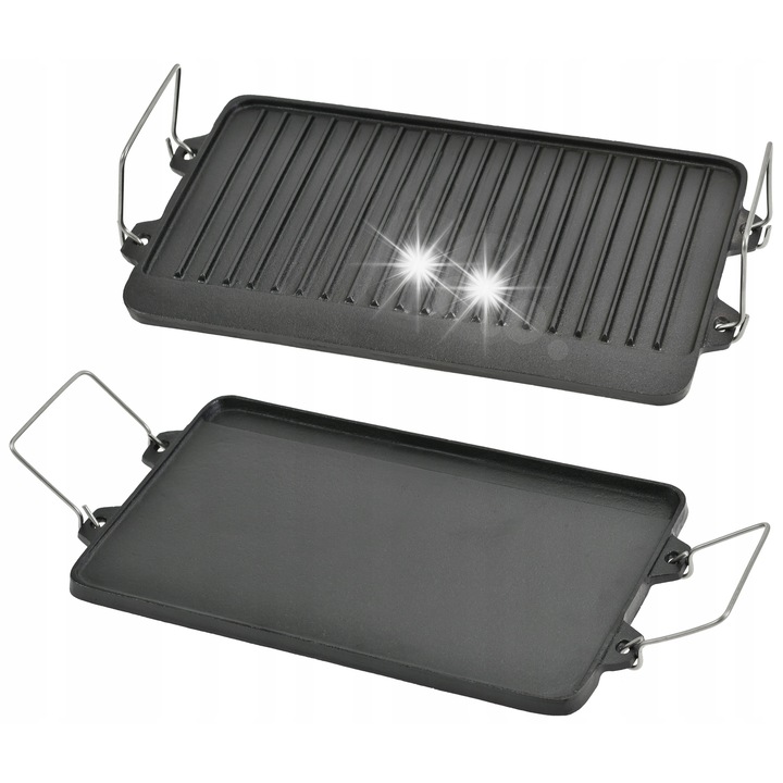Placa grill din fonta, 52x25cm, grea, cu manere pliabile, utilizare dubla