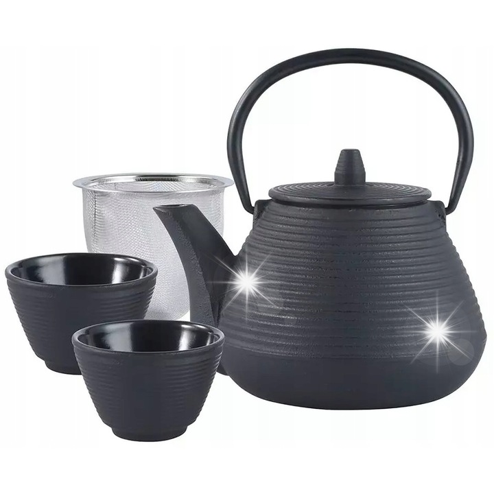 KINGhoff 1L teáskanna szűrővel + 2 csésze, fekete, 18x14,5x14cm
