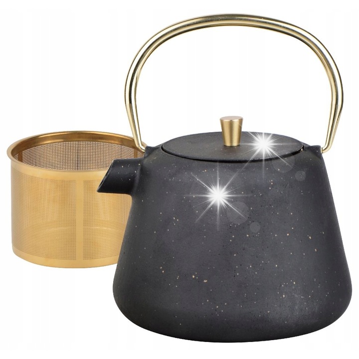Kinghoff KH-1932 teáskanna, 1L, rozsdamentes acél szűrővel, fekete arany részletekkel