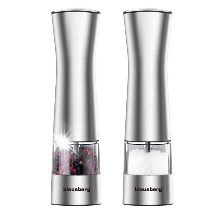 Set 2 Mlynki electrice pentru sare si piper, Klausberg, inox, cu iluminare LED, reglare grosime, 6xAAA