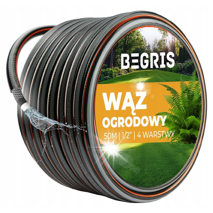 Begris kerti tömlő, 50m, 1/2", 4 rétegű, UV-álló, fekete-narancssárga