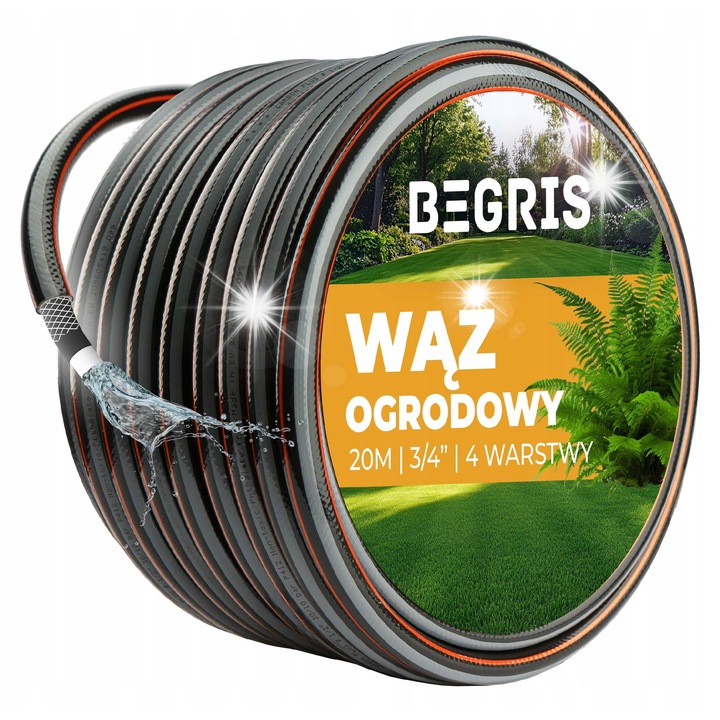 Begris kerti tömlő, 4 rétegű, 20m, 3/4", fekete-narancssárga, UV-álló
