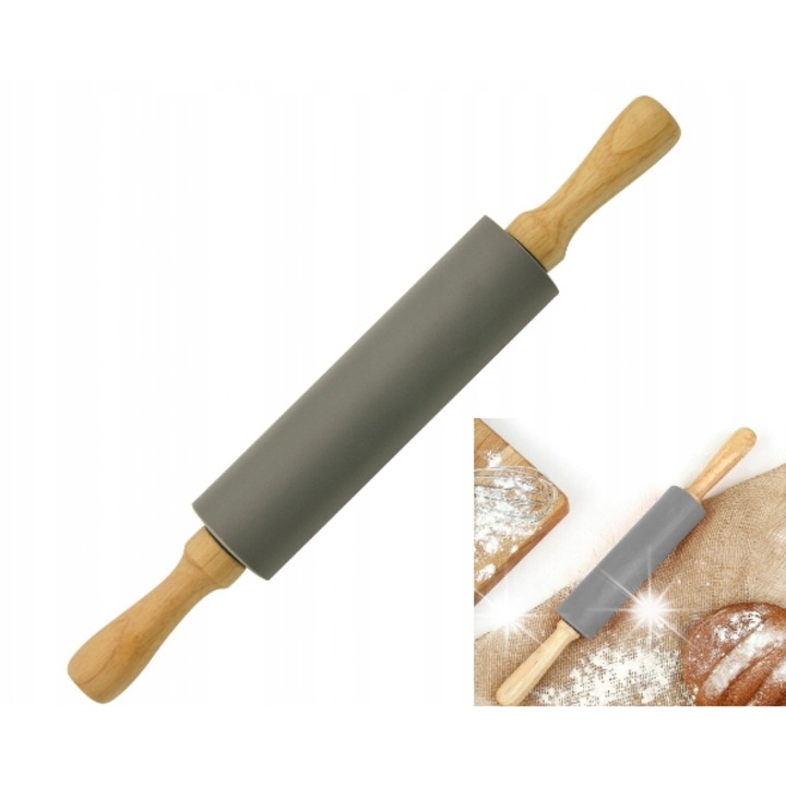 Rola de silicon pentru aluat rotativ Kinghoff, 47,5x6,5cm, gri, cu maner din lemn