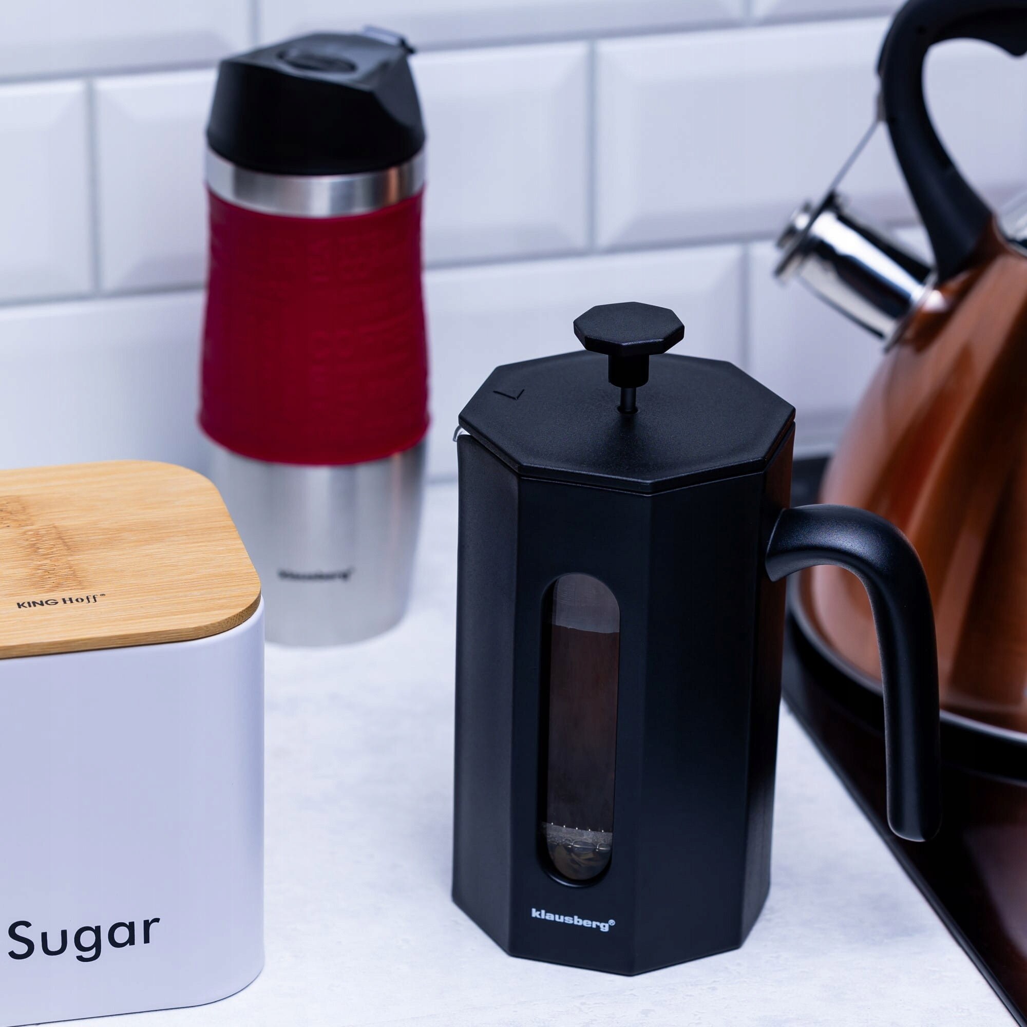 French Press Klausberg KB-7678, 0.8L, negru mat, otel inoxidabil si sticla borosilicata