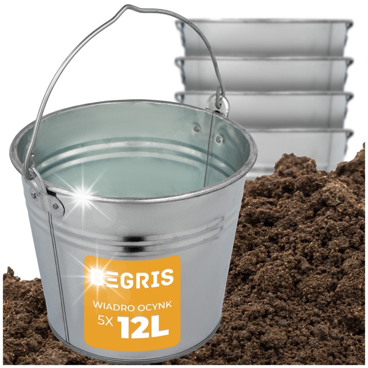 Комплект от 5 поцинковани метални кофи 12L, Begris, сребристи, издръжливи