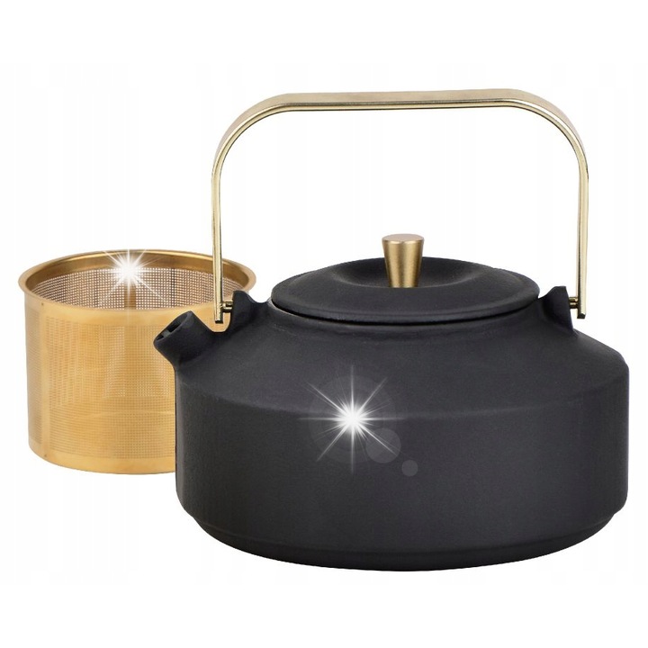 Kinghoff KH-1935 öntöttvas teáskanna, 1L, fekete arany részletekkel, rozsdamentes acél szűrővel