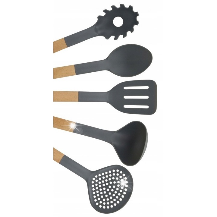 Set ustensile de bucatarie Klausberg, 5 elemente, nylon, lemn de fag, rezistente la temperaturi de pana la 200°C