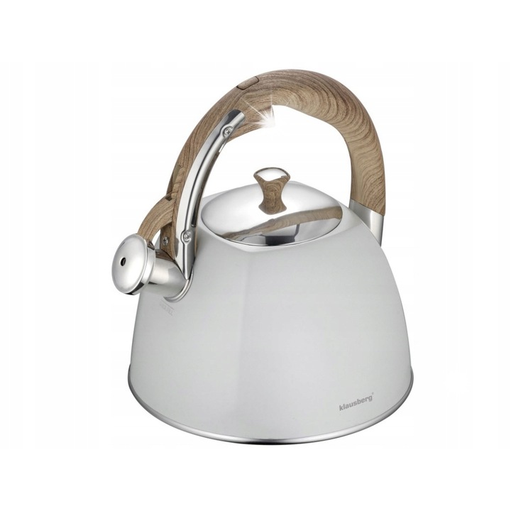 Ceainic 3.0L Klausberg, inox, alb, cu gwizdek, pentru toate tipurile de plite