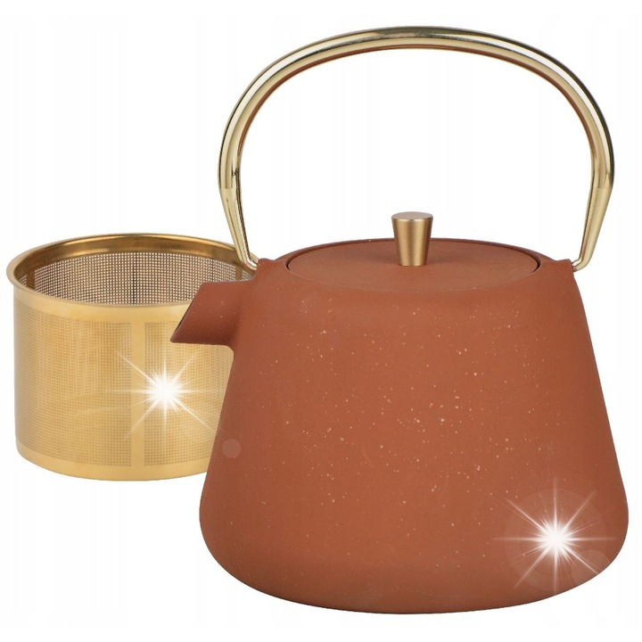 Kinghoff KH-1934 öntöttvas teáskanna, 1L, terrakotta arany díszítéssel, rozsdamentes acél szűrő, komplett készlet