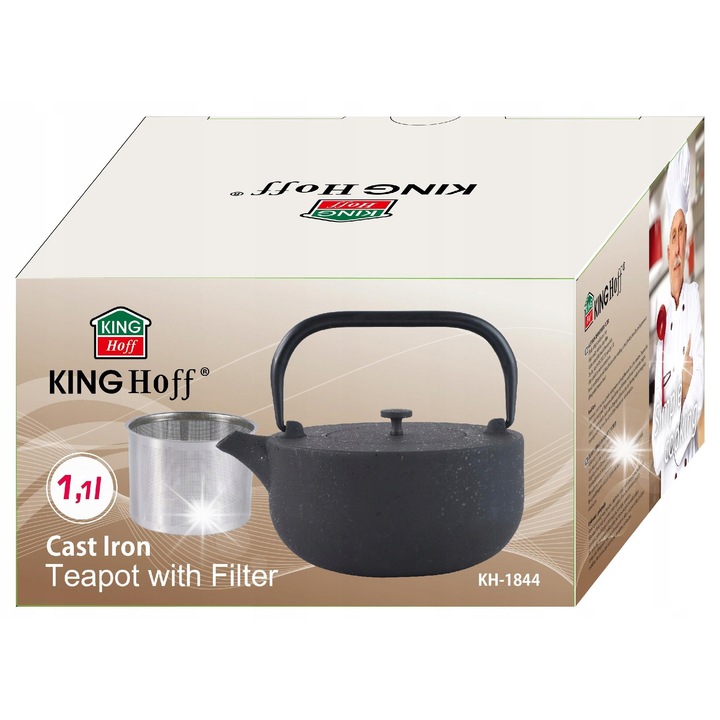 KINGHOFF Zeliwny teáskanna szűrővel teához és gyógynövényekhez, 1,1L, fekete, 19x16x10,2cm
