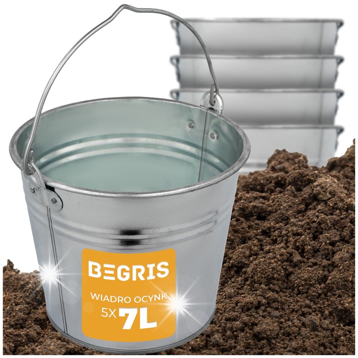 Комплект 5 поцинковани метални кофи 7L, Begris, сребристи, издръжливи