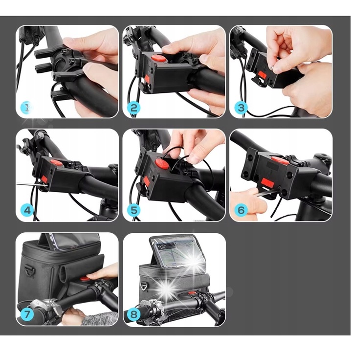 Torba bicicleta Wheel-Up, suport telefon, impermeabila, 20,5x18,3x12,5cm, neagra, set cu accesorii montaj