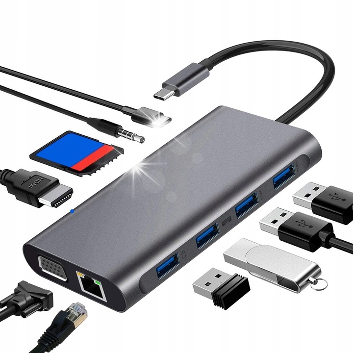 HUB USB-C 11в1 Kopier, HDMI 4K, VGA, 3x USB 3.0, SD, RJ45, Space Grey, компактен