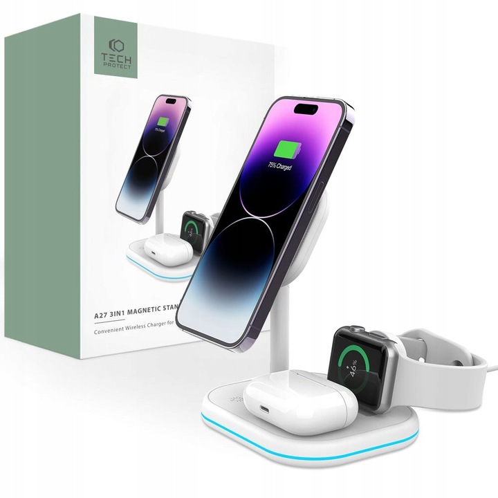 Incarcator magnetic 3 in 1 Tech-Protect QI15W-A27, alb, 15W, pentru smartphone, ceas si casti