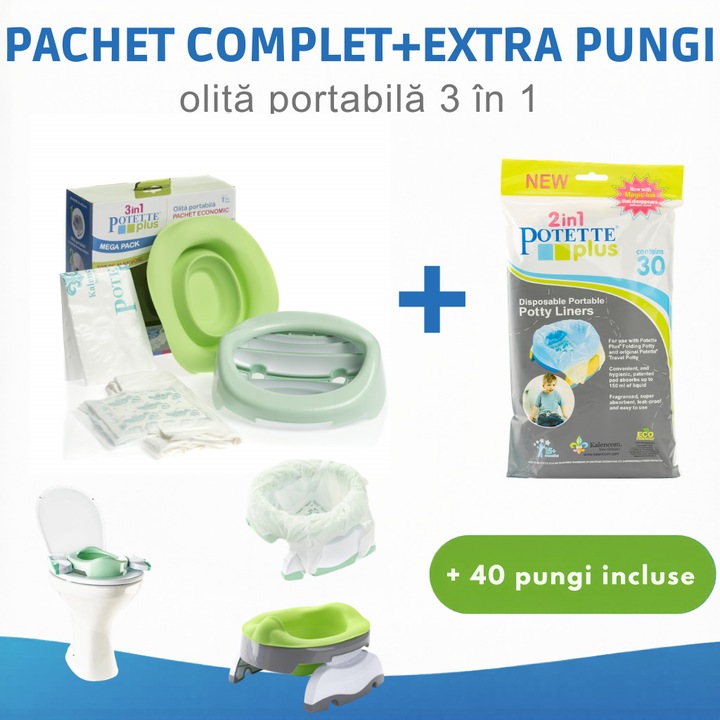 Pachet Potette Plus Olita Portabila si Reductor wc + 40 Pungi Absorbante Biodegradabile (10 incluse+30 extra), Ideal pentru Calatorii, Verde/Alb