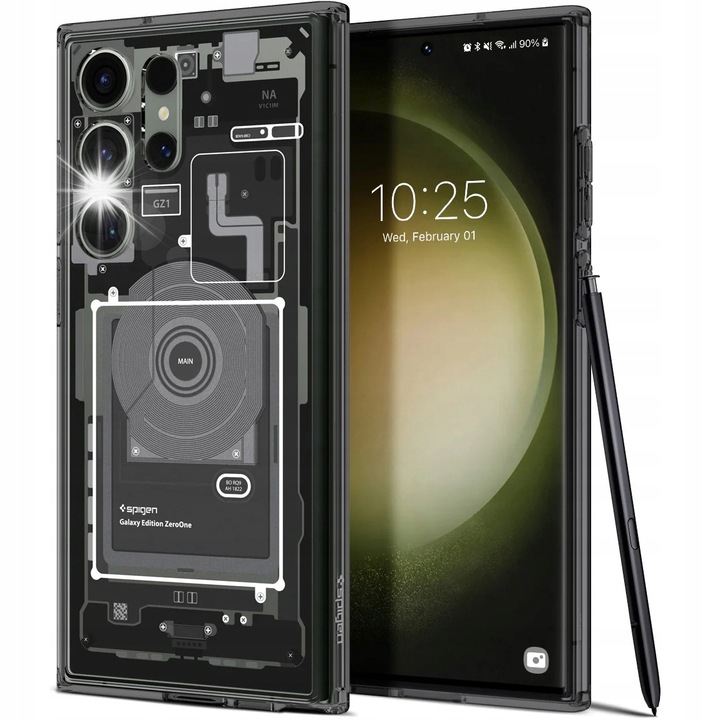 Husa telefon Spigen Ultra Hybrid pentru Galaxy S23 Ultra, protectie hibrida, design Zero One, gri, 15,93x7,41x17,43cm