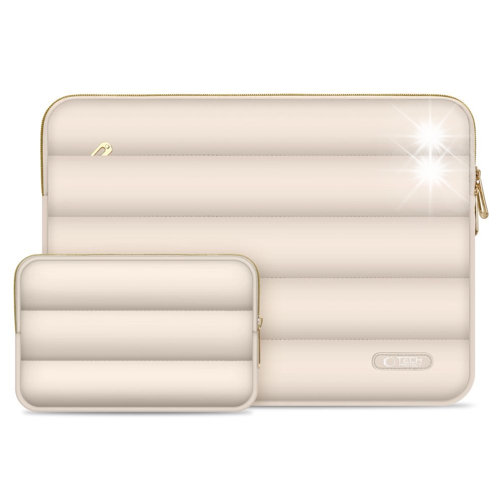 Etui laptop 15-16 inch, Tech-Protect Puffy, set cu torba mica, 40,6x30x2,5cm, 38,2x27,5cm, culoare sand