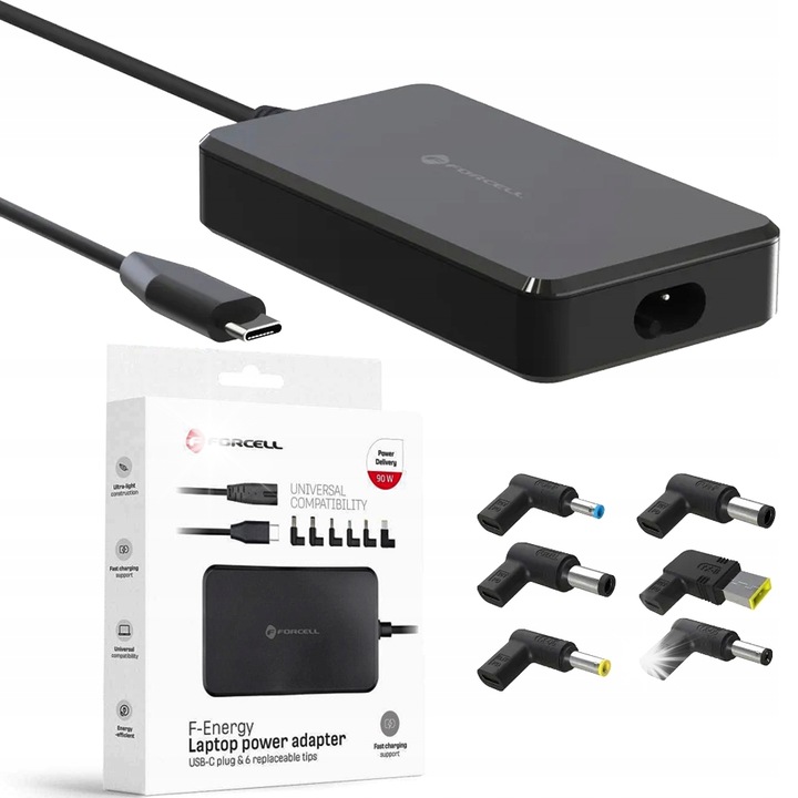 Univerzális laptop töltő 90W, Forcell, USB-C, 1,8m, 6 cserélhető fej